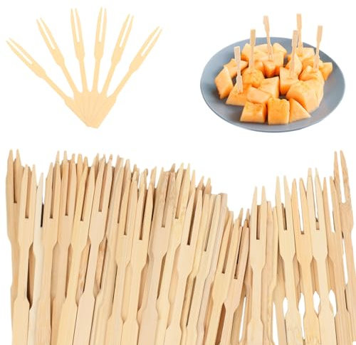 160 pezzi Forchetta in Bambù, Forchette da Frutta a Due Denti, Forchette da Cocktail, Forchette Monouso in Legno, Bamboo Cocktail Forks per Feste, Buffet, Banchetti, Catering e Vita Quotidiana