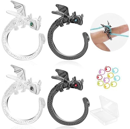 Kabwea knitting accessories set with 4 pieces Dragon knitting thimble rings, 10 pieces stitch counter and 1.8 cm high plastic box