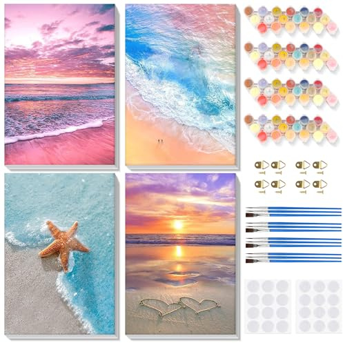 Lxmsja 4 Pack Landscape Paint by Numbers for Adults Beginner with Frame, Seaside Painting by Numbers for Adults on Canvas, DIY Acrylic Beach Painting Kit Art and Crafts Gifts for Home Decor, 8x12in
