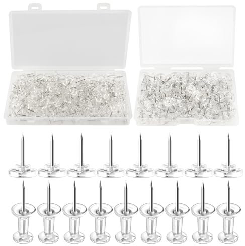 300PCS Clear Plastic Thumb Tacks with Steel Point | Push Pins for Cork Board, Bulletin Board, Whiteboard | Durable Office School Home Map Drawing Pins for Notice Board, Wall Calendar (Transparent)