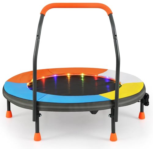 GYMAX 36 Mini Trampoline for Kids with LED Lights, Indoor Outdoor Folding Small Rebounder with Foam Handle and Padded Safety Cover, Foldable Toddler Fitness Trampoline for Children (Orange)