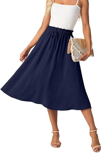 GRECERELLE Jupe midi longue d'été pour femme - Ligne A Flowy - Avec poches - Légère et aérée, bleu marine, M