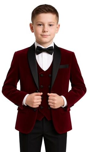 Luxury Boys Slim Fit Velvet 5PC Burgundy Tuxedo Suit with Double-Breasted Waistcoat- Ideal for Special Occasions, Age 18-24 Months