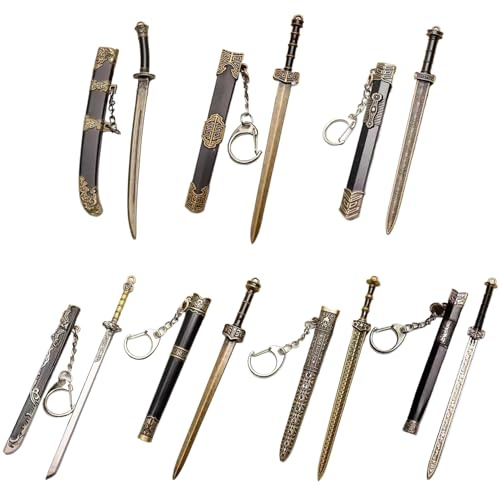 HoveeLuty miniespadas de 12 cm, Llavero de Espada Antigua China, Llavero de aleación de Zinc con Vaina Antigua, con diseño de Hoja sin Cortar para Hombres y Mujeres, con Dije para Bolso.