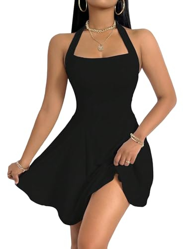 GORGLITTER Women's Halter Neck A Line Mini Dress Sleeveless Skater Dress | Swing Party Cocktail Dresses, Flared, Square Neck, Summer Dress for Graduation, Birthday, Going Out