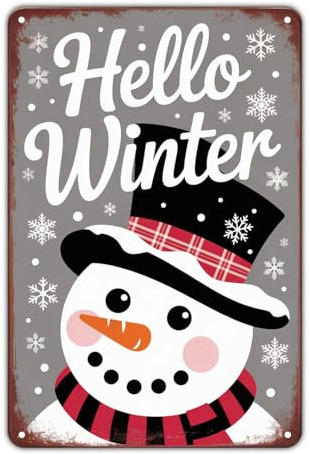 Muñeco De Nieve Hola Invierno Placa Metálica Impermeable Letrero De Metal Vintage Cartel De Chapa para Pared Baño Cafetería 20X30Cm