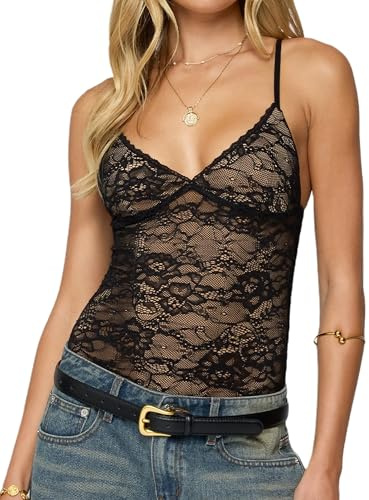 Yoisdtxc Women Sexy Floral Lace Camisole Sleeveless Adjustable Strap Deep V Neck Mesh See Through Cropped Tank Tops