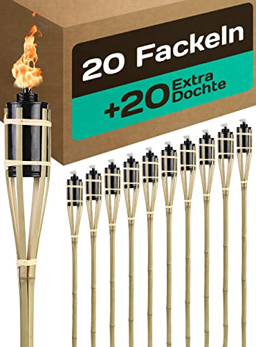 STAR - LINE 20 Gartenfackeln für Draußen aus Bambus Holz - Lange Brenndauer - Nachfüllbar - Ink. 20 extra Dochten - 90cm