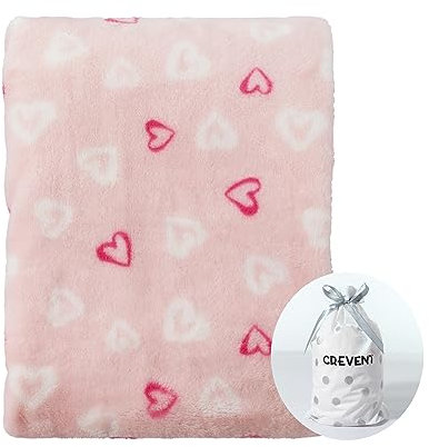 CREVENT 75cmX100cm Lightweight Cozy Plush Fluffy Warm Fleece Baby Blanket for Girl Infant Toddler Crib Cot Stroller, (Pink Heart)