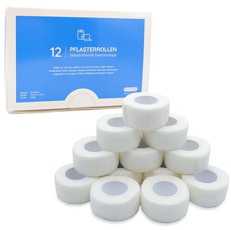 12x Selbstklebender Verband - Selbsthaftende Bandage - Pflaster Rolle - Fingerpflaster - Haftbandage - Fixierbinde - Elastischer Verband - schwarz blau lila weiß rot hautfarbe (Weiß, 2,5cm)