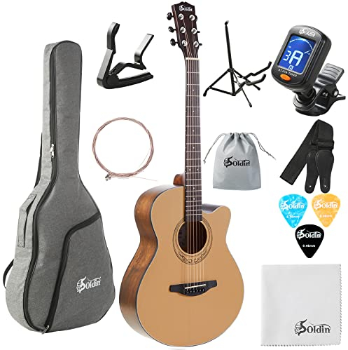 Soldin 40 Zoll Akustikgitarre Premium Massive Fichtendecke Cutway Acustica Guitarra Bundle Kit mit Gigbag,Gitarrenständer,Stimmgerät,Gurt,Kapodaster,Saiten,Reinigungstuch und Plektren (Natur)