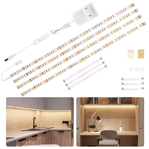 WOBANE - Striscia luminosa a LED per la cucina, sottopensile, da 2 metri, 4 x 50 cm, con interruttore e spina da 12 V, 1200 lm, adatta per vetrine, scrivanie e per la TV, bianco neutro, 4000 K