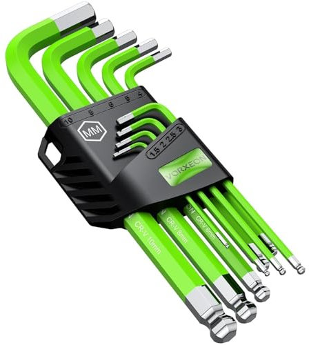 VORXEON Innensechskantschlüssel Satz 9tlg 1.5-10mm Innensechskant Sechskantschlüssel Set Cr-V-Stahl & S2 Stahl mit Kugelkopf Halter Farbcodierung für Reparatur von Fahrrad Auto Motorrad Grün