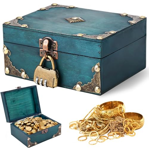 HOMURY Forziere del tesoro in legno vintage, con lucchetto a combinazione, forziere del tesoro dei pirati, scrigno del tesoro per il compleanno dei bambini, per conservare e decorare regali (15 x 12 x