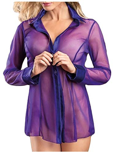 Keepink Women Lingerie Long Sleeve Button Down Shirts Sexy Mesh Sheer Tops Blouse See Through Bodydoll Lingerie Sleepshirt Pajamas Transparent Lingerie Chemise Boudoir Nightgowns