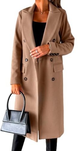 IDEALSANXUN Winter Coats for Women 2026 Fall Fashion Outfits Double Breasted Trench Wool Coats Warm Midi Length Dress Ladies Pea Coat, Khaki, XL