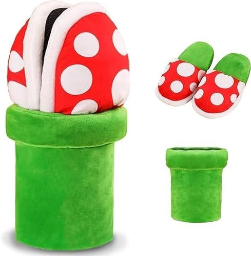 FUKFOK Divertidas zapatillas de piso de piraña con bonito soporte para silbato de flores verdes, maceta, felpa, zapatos de mujer, cálidos, verde, Talla única
