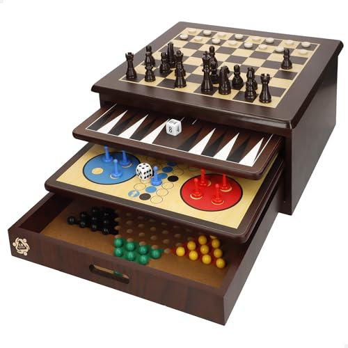 ColorBaby Set 10 Juegos de Mesa, +180 Piezas, Caja almacenaje Madera 32x32x15 cm, Ajedrez para niños, Parchís Infantil, para más de 2 Jugadores, Juguetes niños 5 años (33074)
