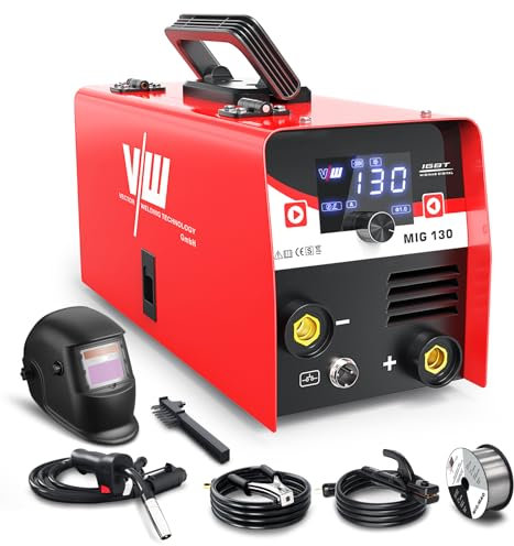 MIG Schweißgerät 130 A, Fülldraht Schweissgerät Set für Anfänger, IGBT Interver Schweißgerät mit Elektrodenschweißfunktion, VECTOR WELDING (Schweißgerät SET - Rot)