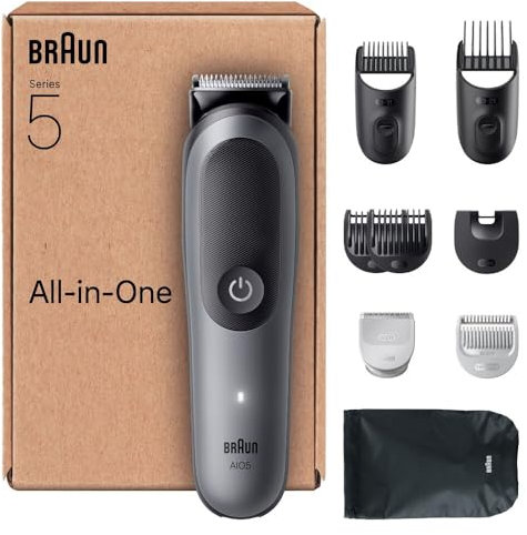 Braun Rifinitore All-in-One Series 5, Rasoio Elettrico Corpo Uomo, Barba E Capelli 9In1 Con Lama Ultra Affilata, Tecnologia SkinGuard Per Il Corpo, 120 Min di Autonomia, AIO5545, Grigio