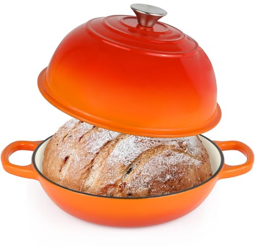 Enameled Cast Iron Bread Oven, Dutch Oven Pot with Lid, 10 Bread Dutch Oven for Sourdough Bread Baking, 6 Quarts Bread Pan with Dome Lid, Non-stick Cookware for Homemade Bread, Orange