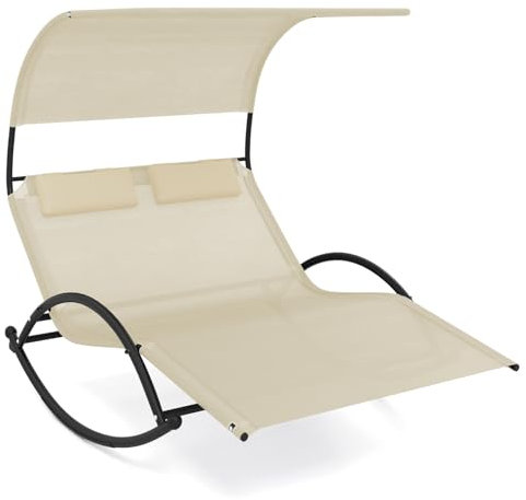 COSTWAY Sonnenliege für 2 Personen, Doppelliege mit Dach und 2 abnehmbaren Kopfstützen, ergonomische Gartenliege, Schaukelliege bis 300 kg belastbar, Relaxliege für Garten, Terrasse (Beige)
