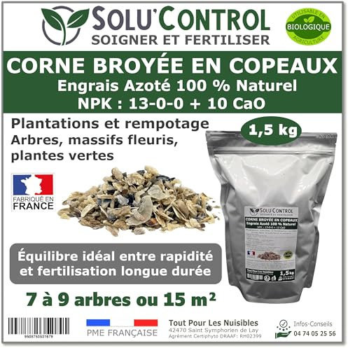 1,5 kg de Corne Broyée en Copeaux SoluControl - Engrais Azoté 100% Naturel - Fertilisation Équilibrée pour Arbustes, Haies et Massifs Fleuris - Utilisable en Agriculture Biologique