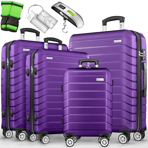 tillvex® Reisekoffer Set 4-teilig + Gepäckwaage, 8X Koffergurte & 4X Kofferanhänger | Kofferset 4 Rollen | Trolley Gepäck Koffer TSA Schloss | Hartschalenkofferset S-M-L-XL