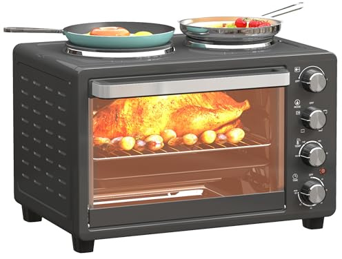 HOMCOM Minibackofen 28 L 2600W 100-230℃ Pizzaofen mit 60 Min. Timer, Grillrost 2 Kochplatten, Backblech, Mini Backofen mit Tablettgriff, Krümelblech, Schwarz