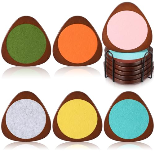Newtay 6 Pcs Wood Absorbent Coaster with Holder Mid Century Modern Decorative Coasters Vintage Colorful Coaster Soft Felt Insert Non-Slip, Non-Stick, Suitable for Kinds of Cups 4.3 Inch Brown