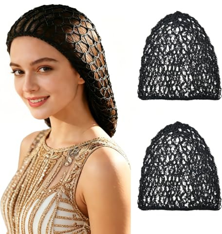 YTBYT 2 Pieces Mesh Crochet Hair Nets Rayon Knit Snood Sleep Cap Breathable Wig Cap for Women (Black)