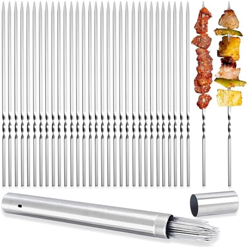 Brochetas de Metal 40 Uds. Brochetas de barbacoa planas acero inoxidable 304 13,5 de largo, Kebob con tubo almacenamiento Metal, reutilizables for asar