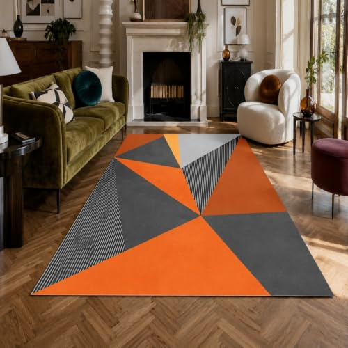 Vardagsrumsmatta, modernt geometriskt mönster orange, grå, svart gul, 120 x 200 cm, tvättbara mattor för vardagsrum sovrum studierum kontor hall och kök