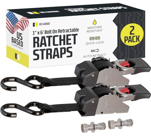 DC Cargo Mall Bolt-on Auto Retractable Ratchet Straps - (2 Pack) 1 Inch x 6 Ft - 600 lbs Break Strength - Retractable Ratchet Tie Down Straps for Boats, Jet Skis, Motorcycles, ATVs