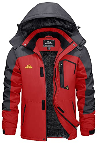 KEFITEVD Skijacke Herren Wasserdicht Atmungsaktiv Snowboardjacke Winter Warm Ski Jacke Herrenjacke Gefüttert Winterparka Snowboard Fleece Jacke mit Kapuze Rot 2XL