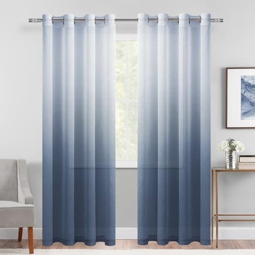 DWCN Faux Linen Ombre Sheer Curtains - Gradient Semi Voile Grommet Top Window Curtains for Bedroom and Living Room, Set of 2 Panels, 52 x 84 Inches Long, Denim Blue