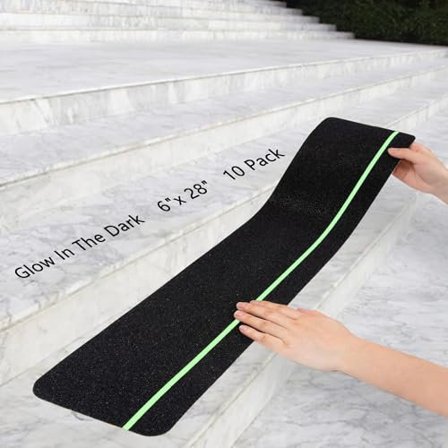 Q-Hillstar Outdoor Stair Treads Non Slip with Glow in Dark Strips (10-Pack), 6 X 28 Waterproof Anti-Slip Grip Tape for Exterior Wooden Steps, High Traction Friction Abrasive Adhesive Tape