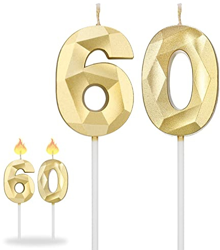 Fuyamp Bougies 60 Ans Anniversaire, Bougie Chiffres 60, Bougie Numéro 60, 3D Diamant Bougie Numérique Décoration Gâteau Topper pour Anniversaires de Mariage Cérémonies