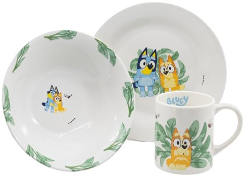 Barnservis med tallrik, keramisk skål och kopp i Bluey presentförpackning