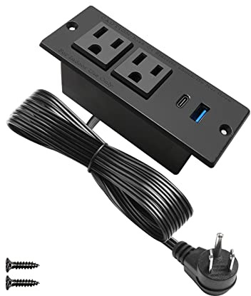 USB C Recessed Power Strip Fast Charge Desktop Power Station 2 Outlets 2 USB (PD20W & QC18W, Total 20W) Mountable Flat Plug Extension Cord Mount for Tabletop Sofa Cabinet Nightstand (USB C Black)