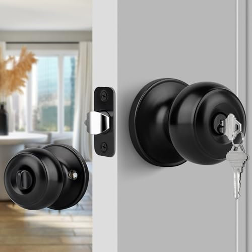 Gaurqiah Pomo de puerta de entrada con llave, perilla de puerta interior de bola plana con cerradura, perilla exterior redonda para puertas delanteras/de entrada, negro mate