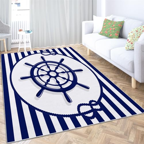 Generic Teppich Wohnzimmer Teppiche rutschfest Waschbar Teppich 60x90cm Ozean-Anker-Cartoon Teppiche Kurzflor mit Teppich für Schlafzimmer Wohnzimmer Teppiche Blau