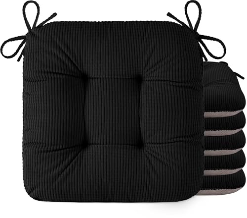 OVOV Dining Chair Cushions set of 6, Tufted Non-Slip Seat Cushions for Dining Chairs Made of Soft Fabric with Ties, 42X40X8cm/17 X16 X3 (Black)
