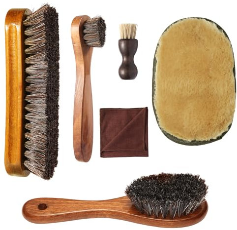 Cepillos para Zapatos con Crin de Caballo + 1 Pieza Guante de Tela - para Limpiar y Pulir Zapatos de Cuero (6)