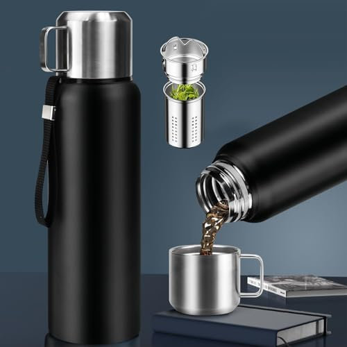 HWSWSH Termo 800ml Taza Termo Te Taza de Acero Inoxidable 316 Termo Negro Mate BPA-Free Aislamiento Térmico 12H, Filtro Doble, Termo Multiusos con Tapa para Llevar Te Cafe al trabajo/Camping/Viaje