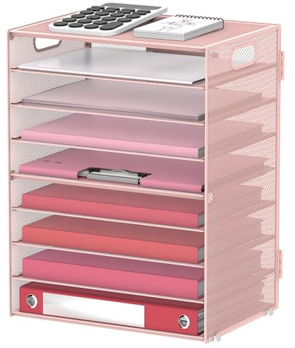 SUPEASY Skrivbordsorganisatör med 9 nivåer med handtag, gitterpappershållare, pappersarrangör för kontor, hem, skola, rosa