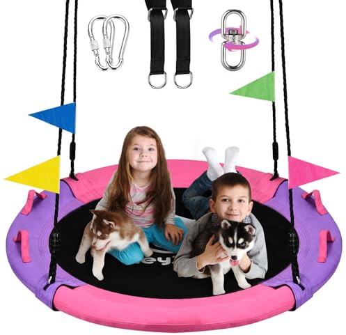 HeyZoo 43 Inch Tree Swing, 900lbs Weight Capacity Saucer Swing Sets for Kids & Adults, with 360 Degree Swivel and Adjustable Hanging Strap, Pink and Purple