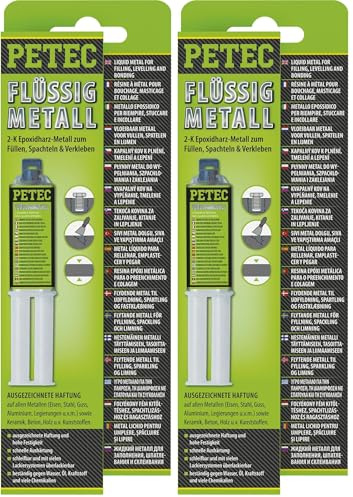 Petec Flüssigmetall 2 Komponenten Kleber Metall Epoxidharz. 2K Metallkleber hochfest 25 ml ohne Mischrohr. Zwei Komponentenkleber für Kunststoff, Holz, Keramik, Stahl, Eisen und Beton (Packung mit 2)