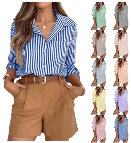 Blue and White Striped Shirt Tops for Women UK Sales Long Sleeve Office Wear Button down with Pocket Lapel Neck Dress Shirts Summer Casual Irregular Business Blouses Ladies Outdoor Formal Interview