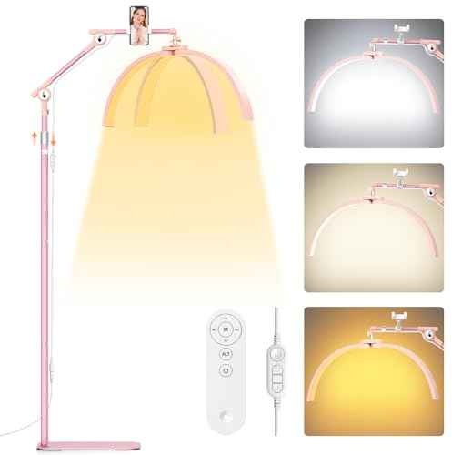 Adonafy Lampara LED de pie para Pestañas: 28 Plegable Lampara Extensiones Pestañas LED - 3 Temperaturas de Color & Cabezal Giratorio 360° con Soporte para Cuidado Piel/Tatuaje, Rosa